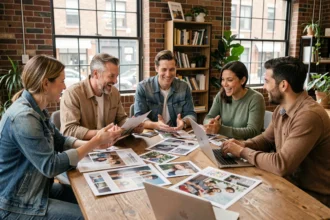 Équipe créative d'un magazine indépendant collaborant autour de maquettes imprimées dans un studio co-working urbain