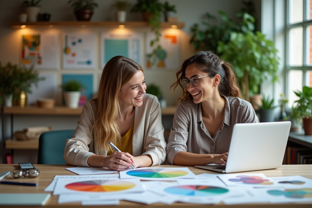 Deux équipes créatives collaborant dans un bureau lumineux