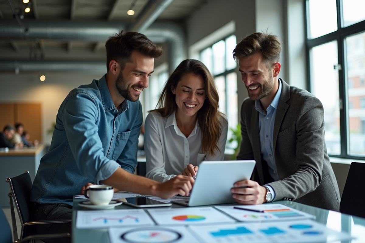 Groupe de professionnels analysant un tableau de bord en réunion