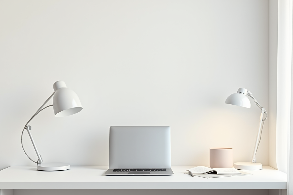 Espace de travail minimaliste avec ordinateur et lumière naturelle