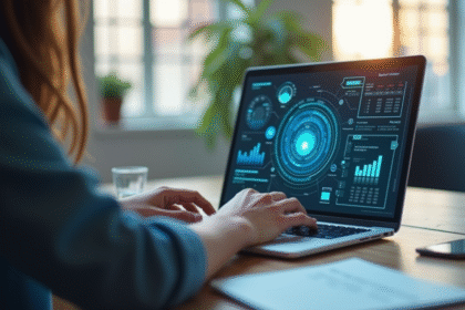 Espace de travail professionnel avec un ordinateur affichant un portail en ligne