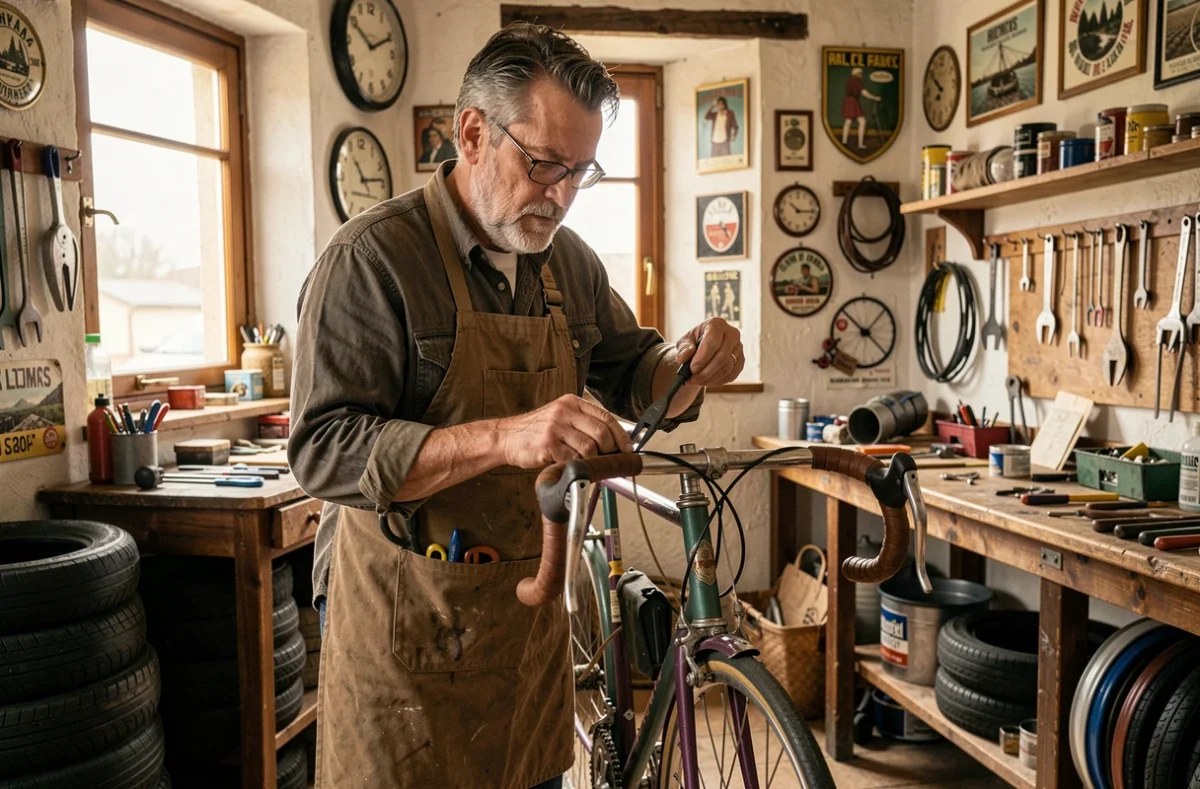 Réparateur indépendant Espanet remplaçant les câbles de frein d'un vieux vélo de randonnée dans son atelier nantais