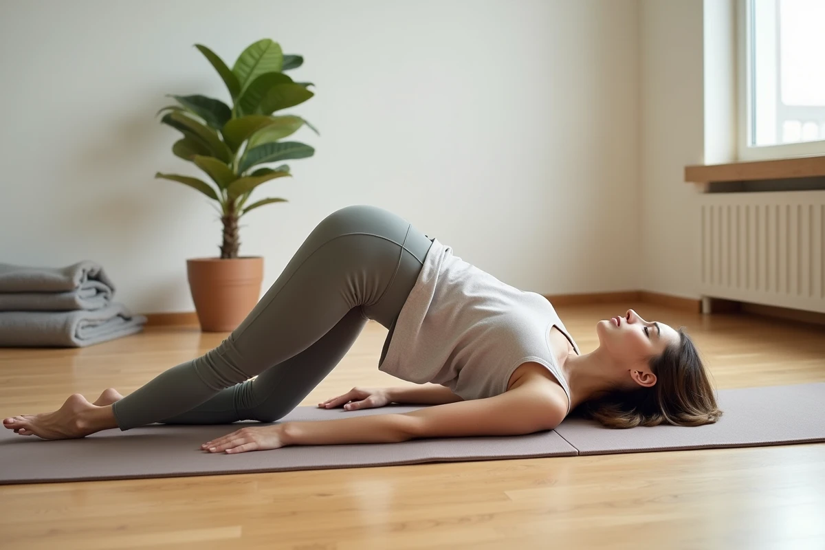 Femme pratiquant une torsion vertébrale sur un tapis de yoga