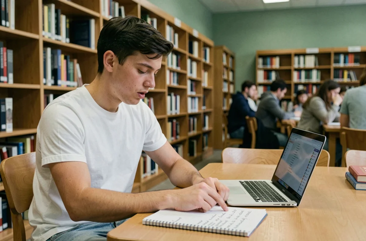 Étudiant consultant une liste d'outils de vocabulaire français sur papier quadrillé dans une bibliothèque universitaire