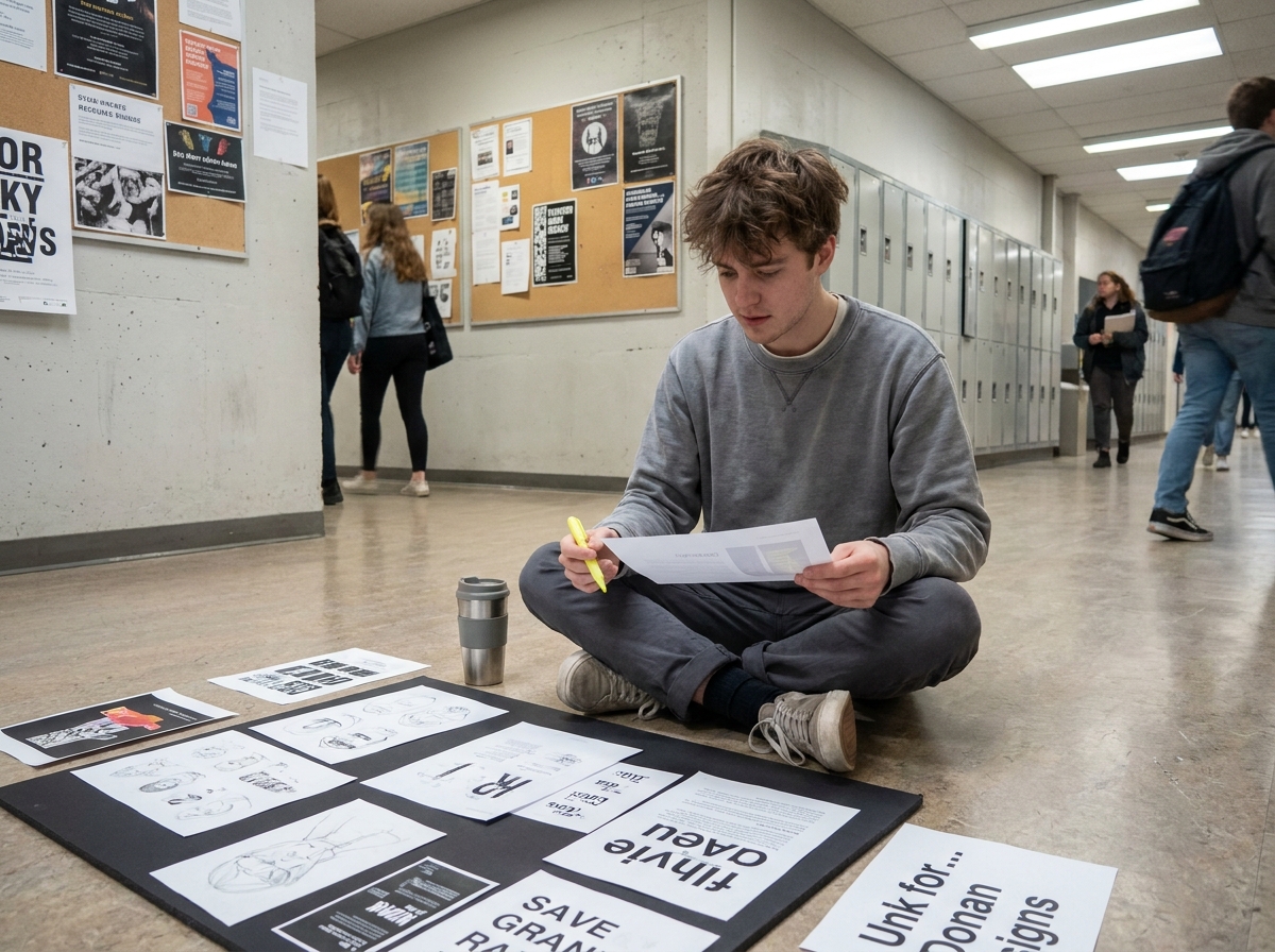 Étudiant en prépa arts appliqués révisant son portfolio dans un couloir d'école de design