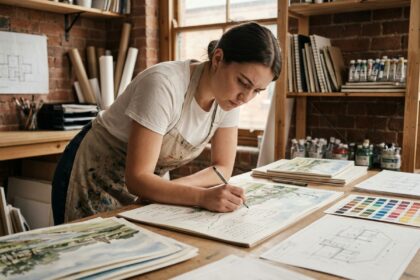 Étudiante en année préparatoire arts appliqués travaillant sur des esquisses et maquettes dans un atelier académique