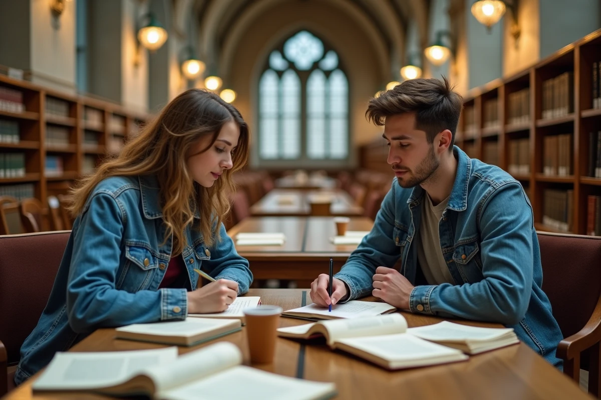 Deux étudiants discutant d'un essai littéraire annotés dans une bibliothèque universitaire aux arches en pierre