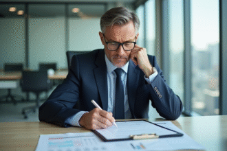 Expert immobilier examine documents dans un bureau moderne