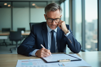 Expert immobilier examine documents dans un bureau moderne