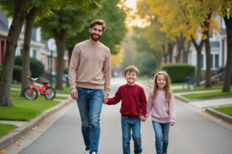 Famille souriante dans un quartier résidentiel calme