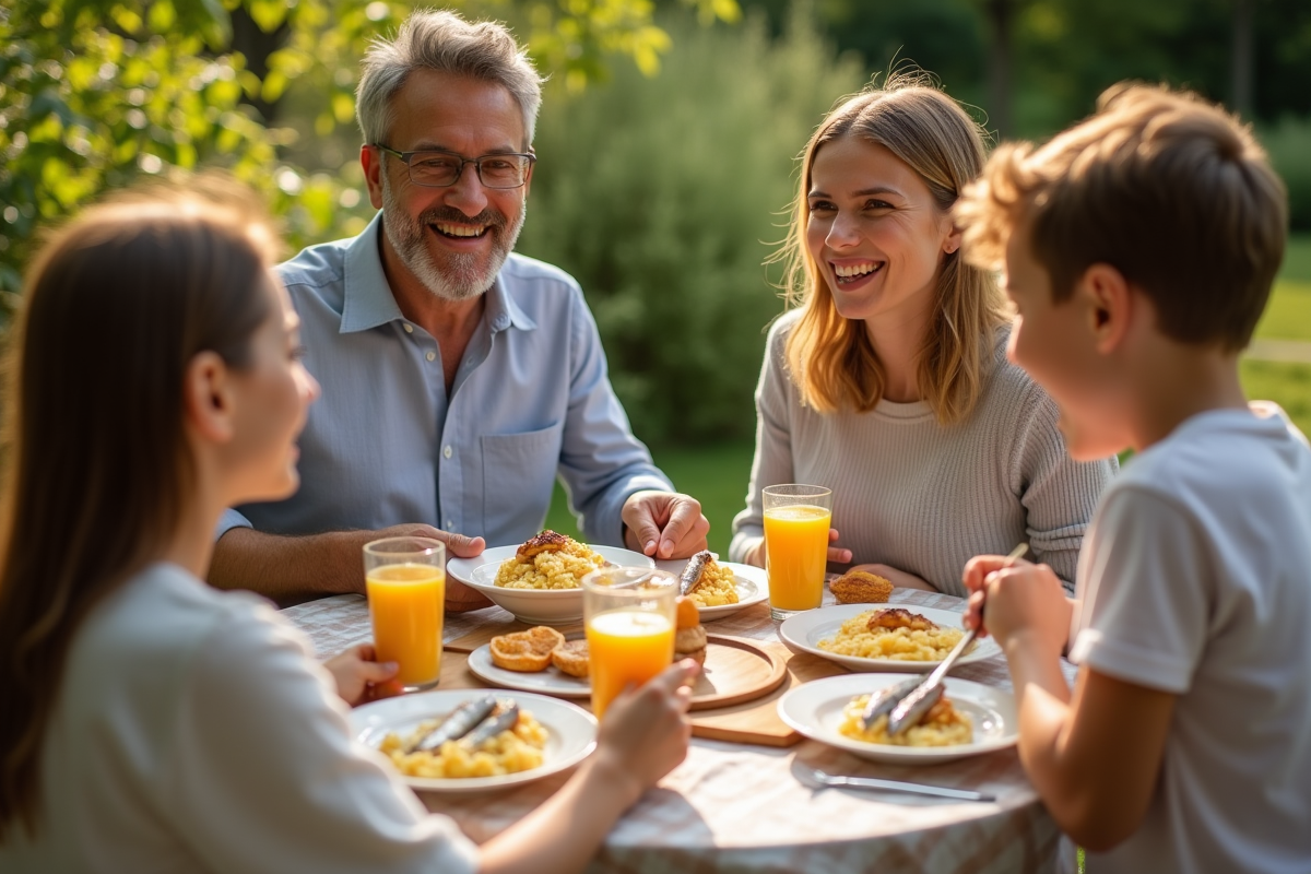 Famille heureuse prenant le petit déjeuner en plein air