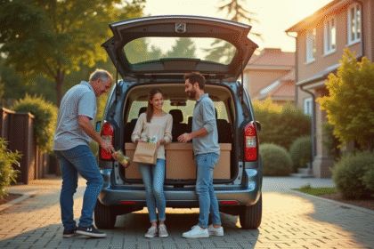 Famille heureuse chargeant le coffre d'une Peugeot Partner