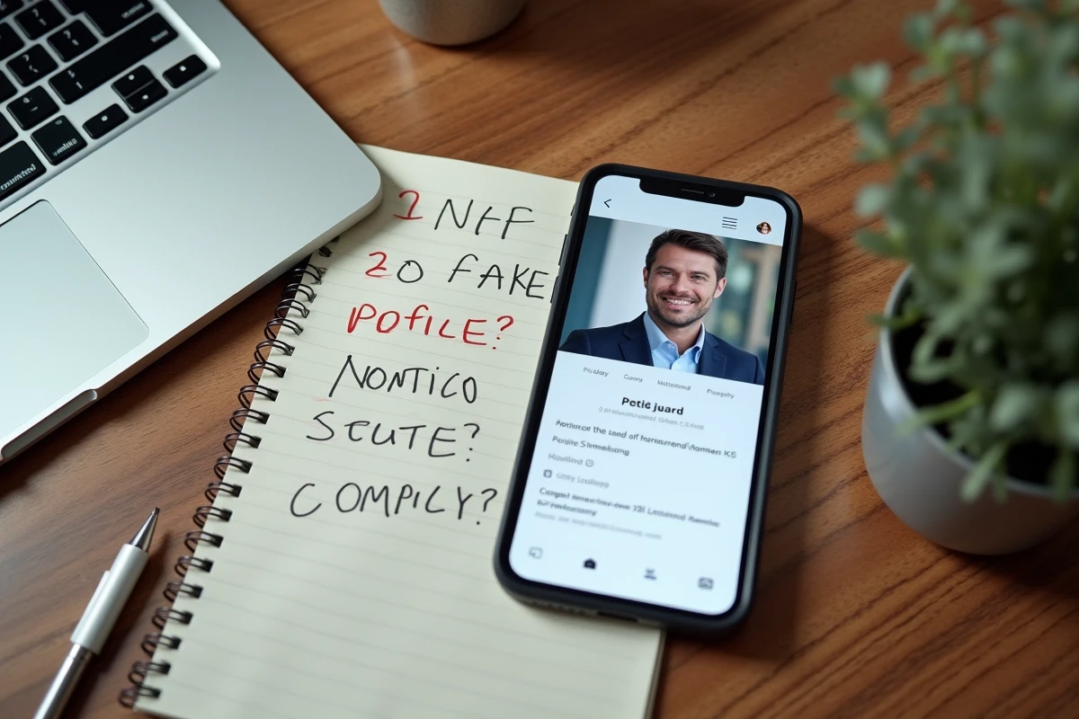 Faux profil acheteur sur application de petites annonces avec notes manuscrites indiquant une arnaque potentielle