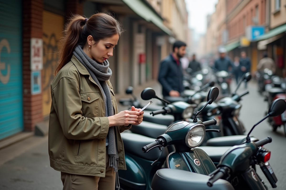 Femme examine motos 125cc dans un marché urbain