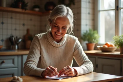 Femme souriante ouvrant un calendrier de l'Avent dans une cuisine chaleureuse