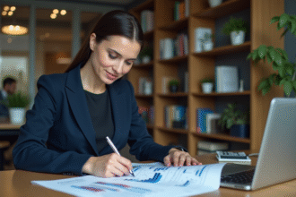 Femme d'affaires en réunion avec documents financiers