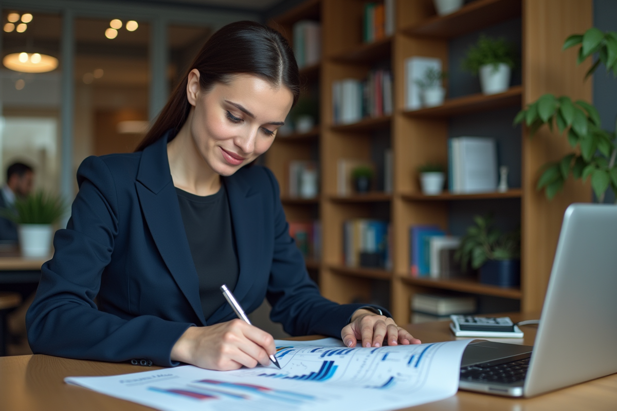 Femme d'affaires en réunion avec documents financiers