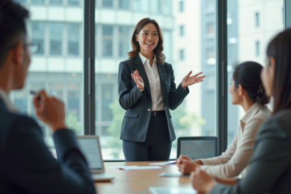 Femme asiatique confiante en réunion d'affaires moderne