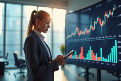 Femme d'affaires confiante analysant des graphiques fintech sur une tablette