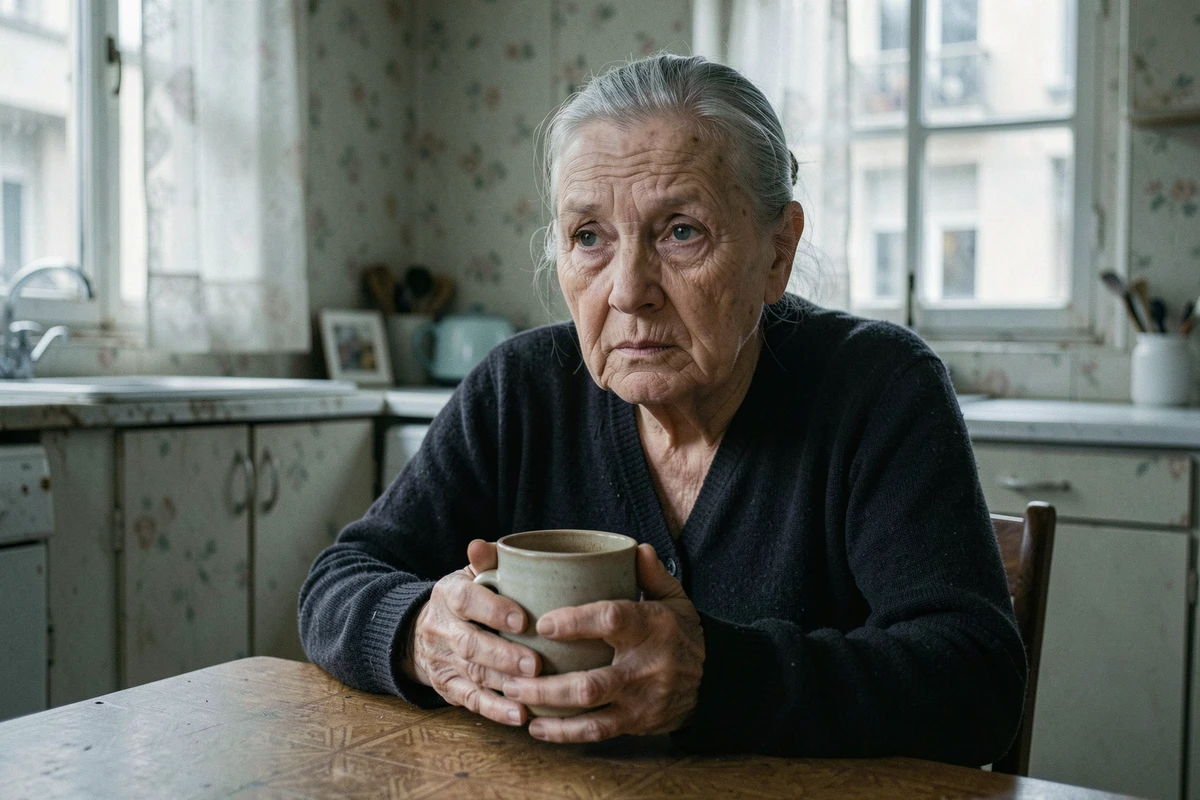 Femme âgée aux cheveux argentés tenant une tasse dans une cuisine modeste, regard chargé d'émotion et de souvenirs