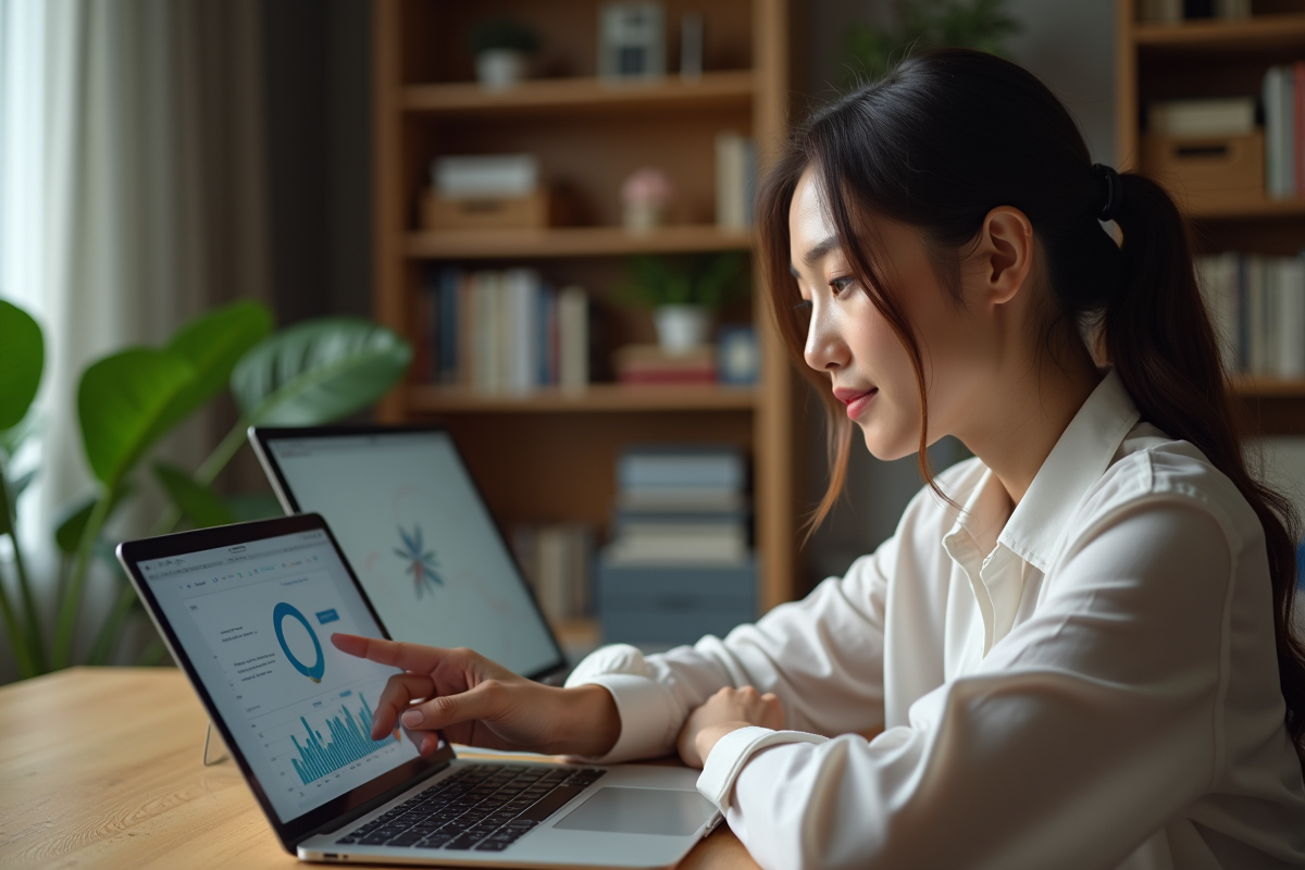 Jeune femme professionnelle comparant des graphiques sur sa tablette