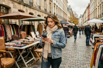 Femme consultant l'application dabradou sur son smartphone lors d'une braderie de rue en automne, entourée de meubles vintage et de vêtements d'occasion