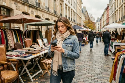 Femme consultant l'application dabradou sur son smartphone lors d'une braderie de rue en automne, entourée de meubles vintage et de vêtements d'occasion