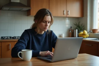 Femme méfiante lisant un message suspect sur son ordinateur portable lors d'une vente sur Le Bon Coin