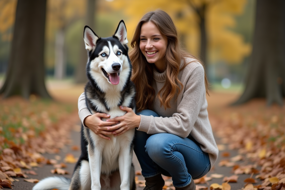 Jeune femme avec chien husky en automne dans un parc