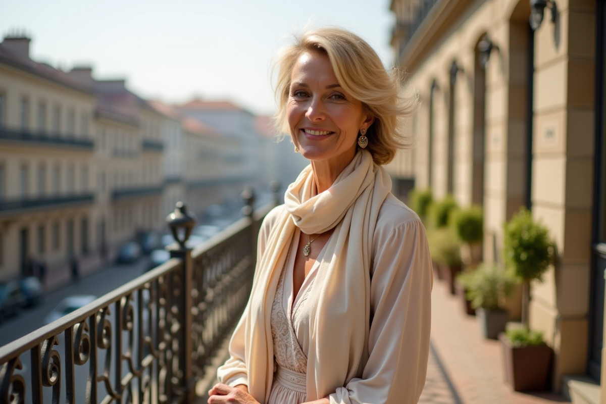 Femme souriante sur un balcon avec vue urbaine ensoleillee