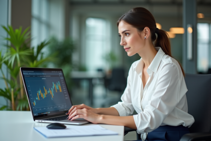 Femme d'affaires utilisant un ordinateur dans un bureau moderne