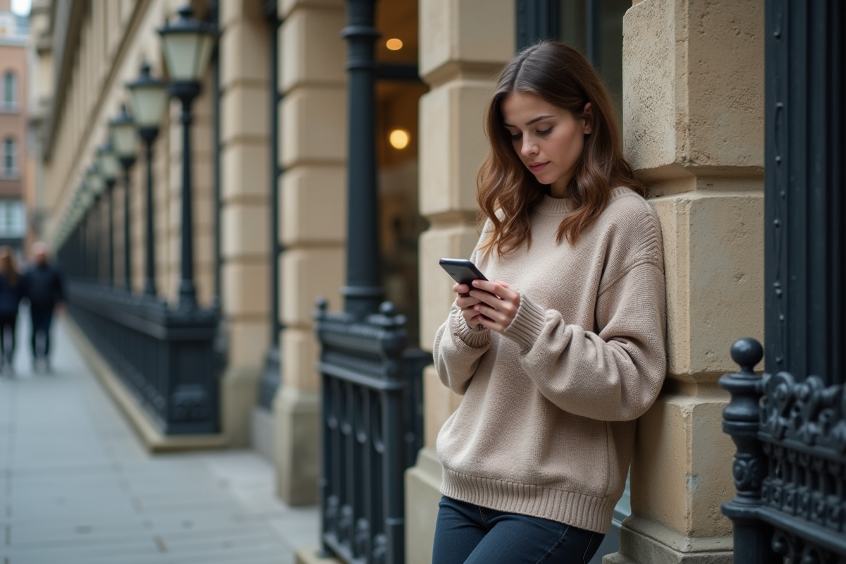 Jeune femme regarde son téléphone devant une banque européenne