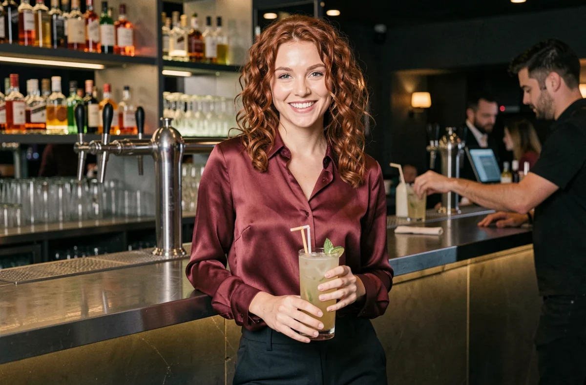 Jeune femme souriante accoudée au bar du Kripton Club à Yssingeaux tenant un cocktail lors d'une soirée entre amis