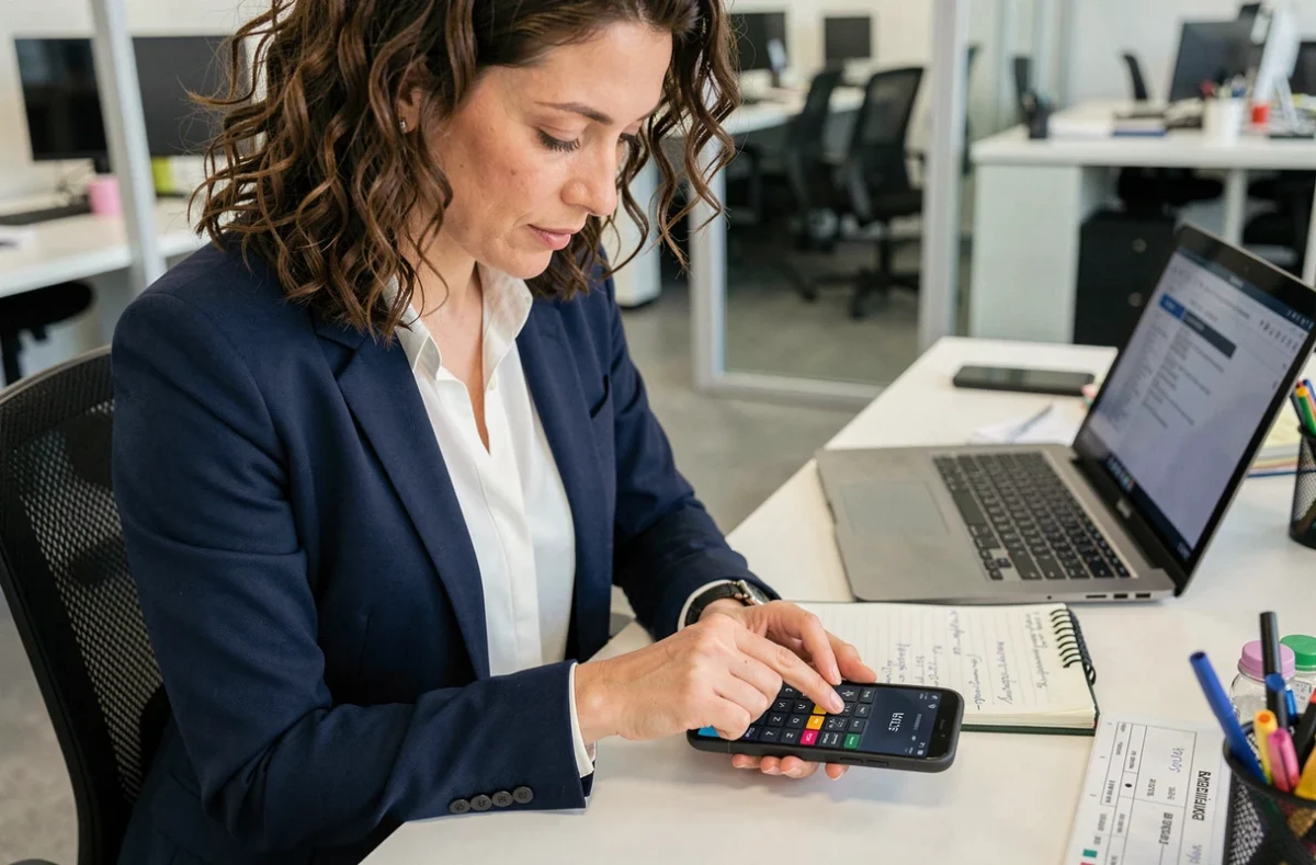 Femme consultant le numéro Lebara de sa carte SIM sur son téléphone au bureau