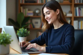 Jeune femme au bureau à domicile utilisant un ordinateur portable