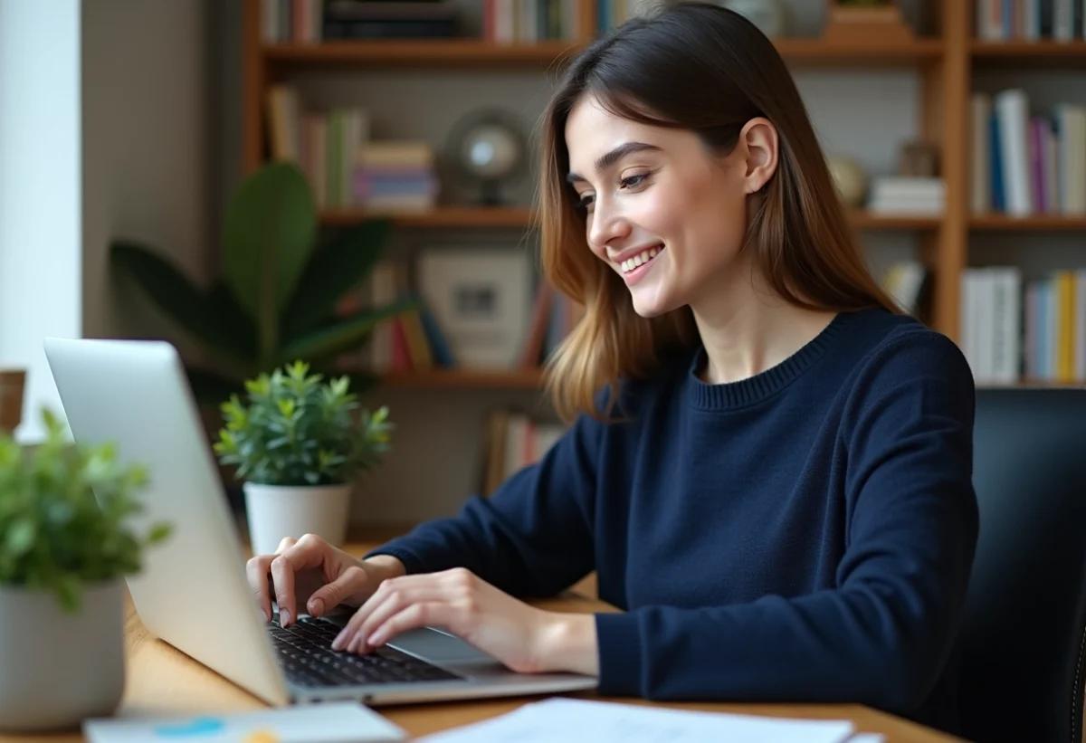 Jeune femme au bureau à domicile utilisant un ordinateur portable