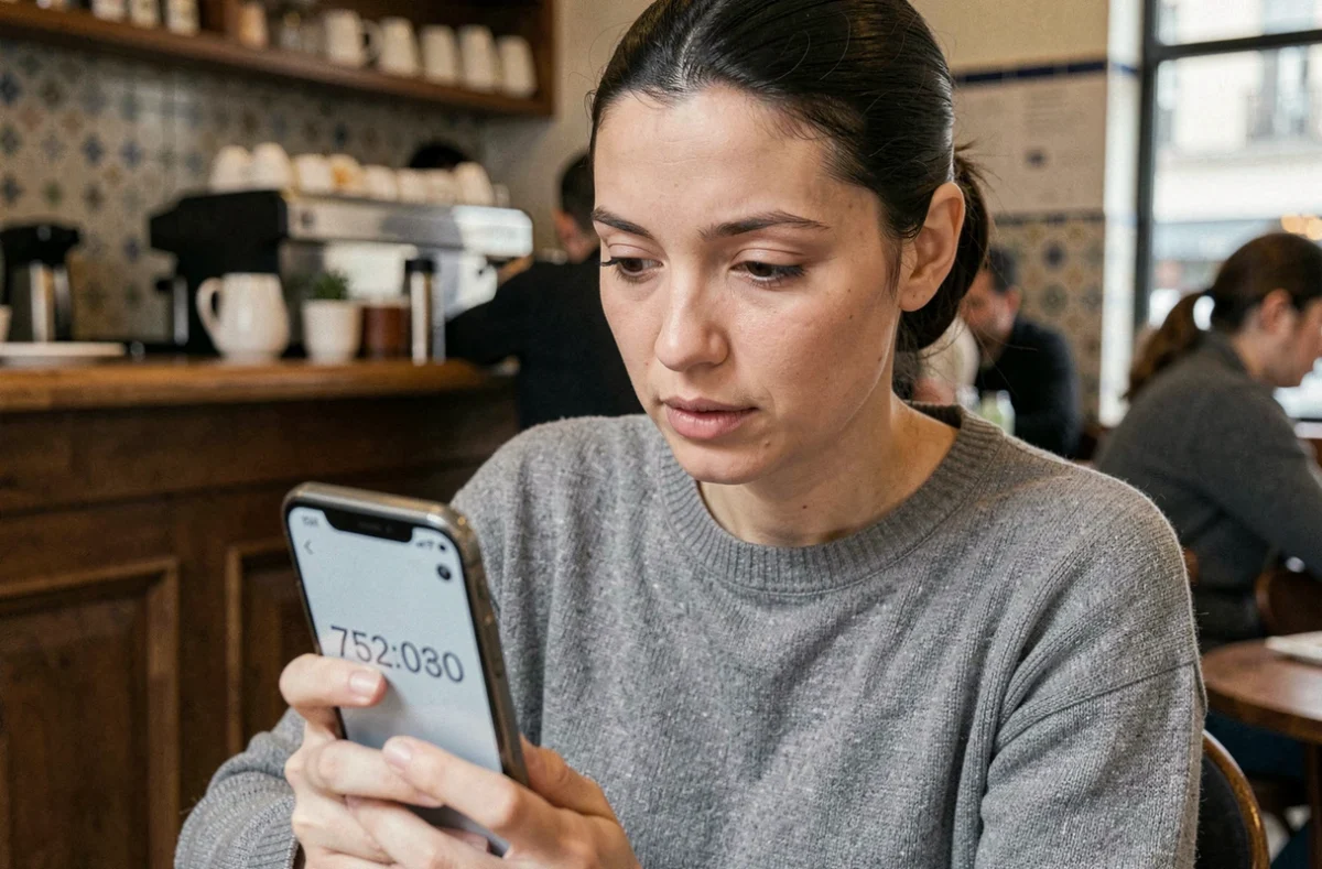 Femme dans un café regardant un numéro de téléphone avec indicatif 03 77 affiché sur son smartphone
