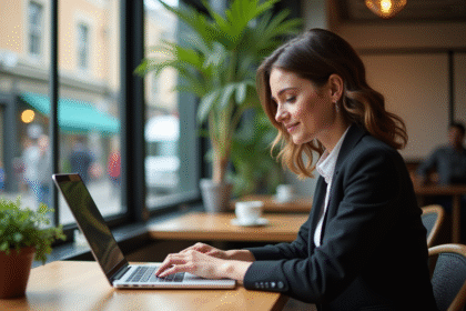 Jeune femme concentrée rédigeant un post social media au café