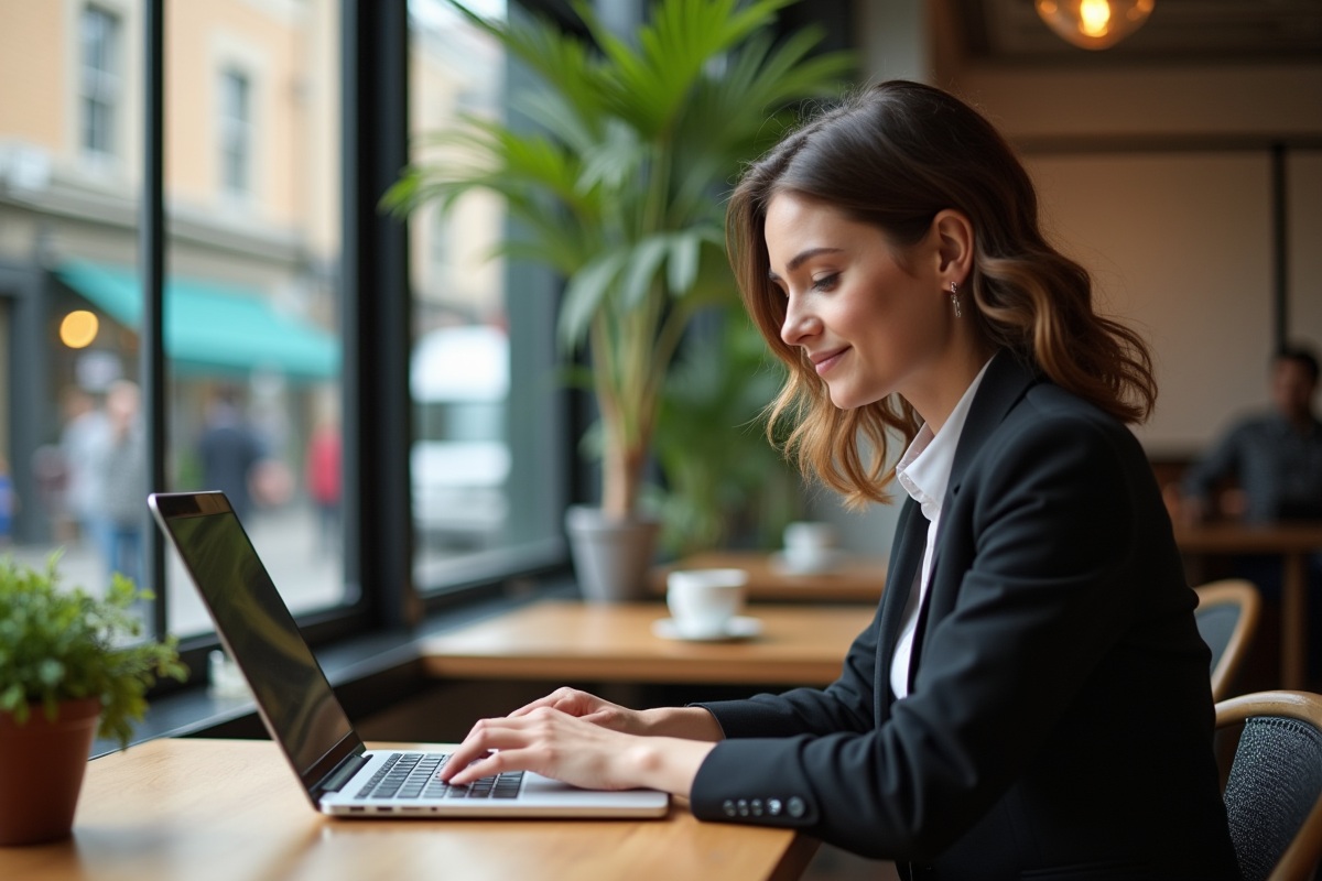 Jeune femme concentrée rédigeant un post social media au café