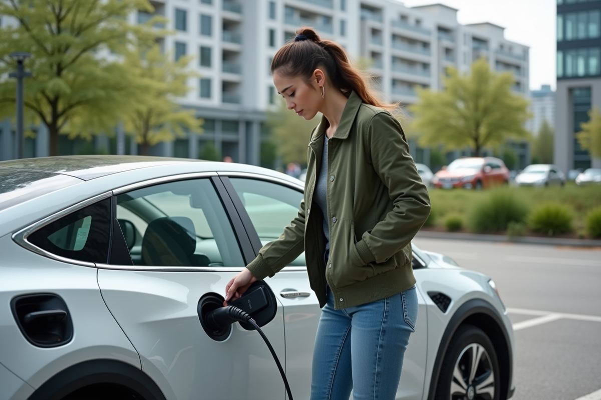 Jeune femme connectant sa voiture électrique à une borne de recharge en ville
