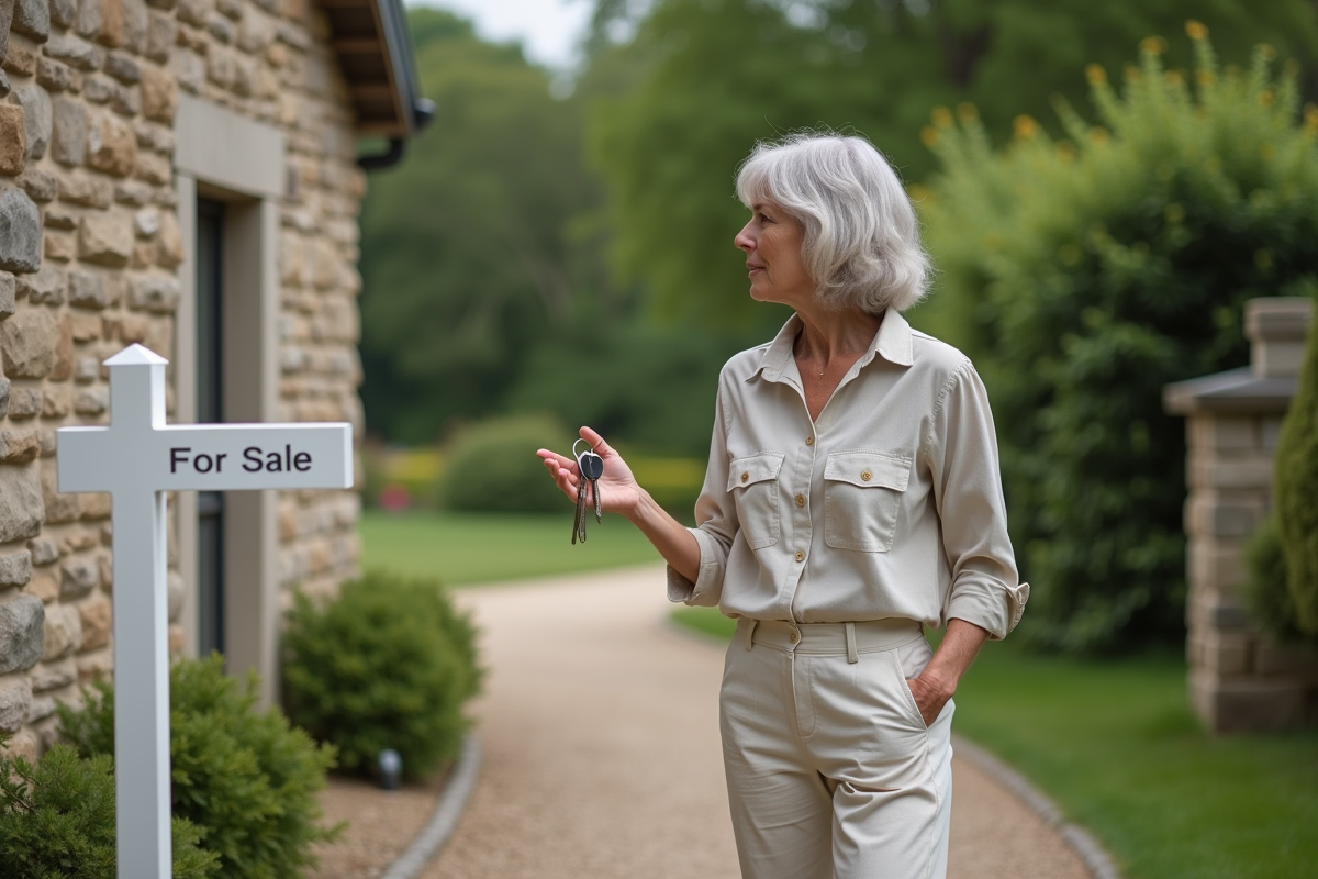 Femme avec clés devant une maison en pierre