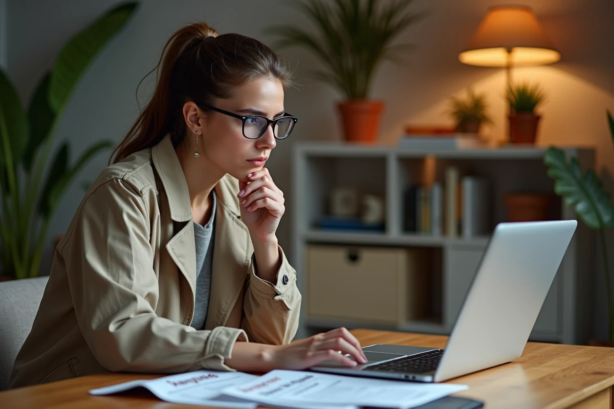 Femme compare tickets sur son ordinateur portable