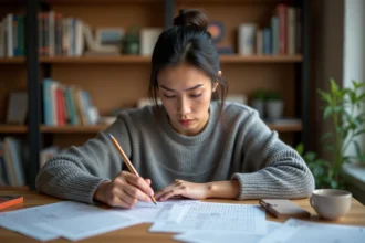 Femme concentrée résolvant une grille de sudoku complexe à son bureau à domicile, crayon en main