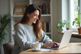 Femme souriante créant son profil sur un site de rencontre en ligne depuis son bureau à domicile