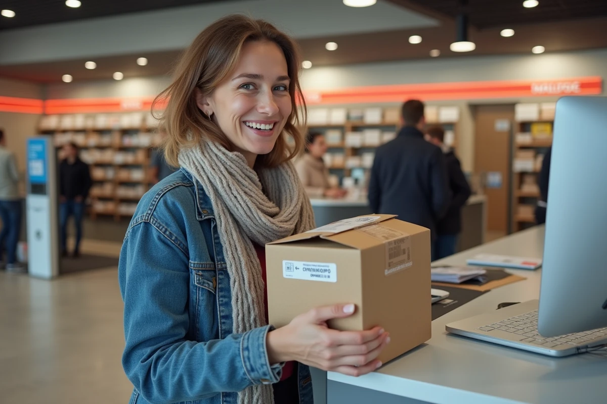 Femme souriante avec colis Chronopost dans un centre moderne