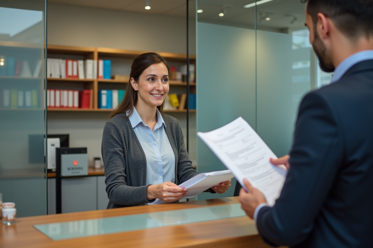 Femme remettant un dossier à un agent à la mairie