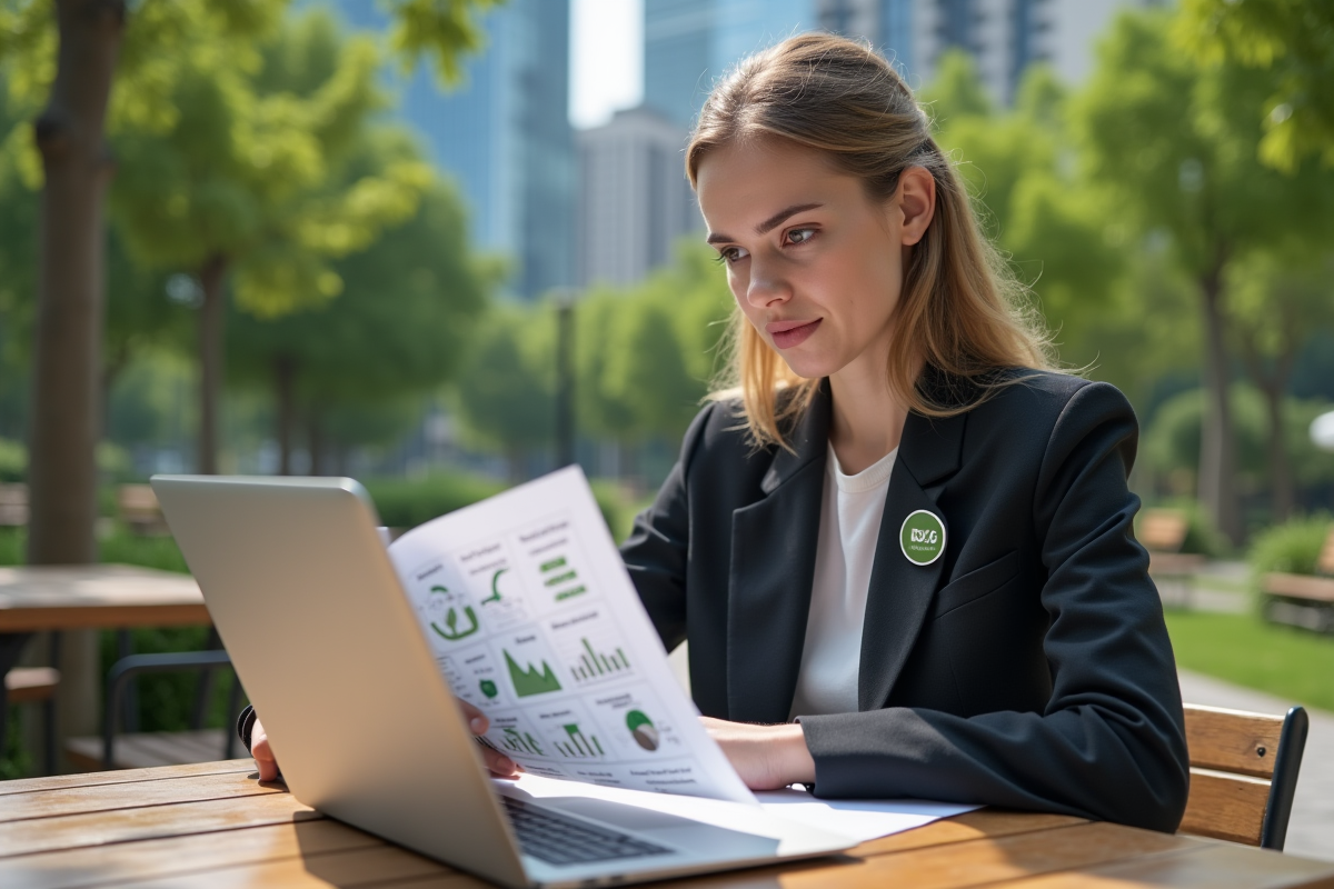 Jeune femme travaillant sur un rapport ESG en extérieur