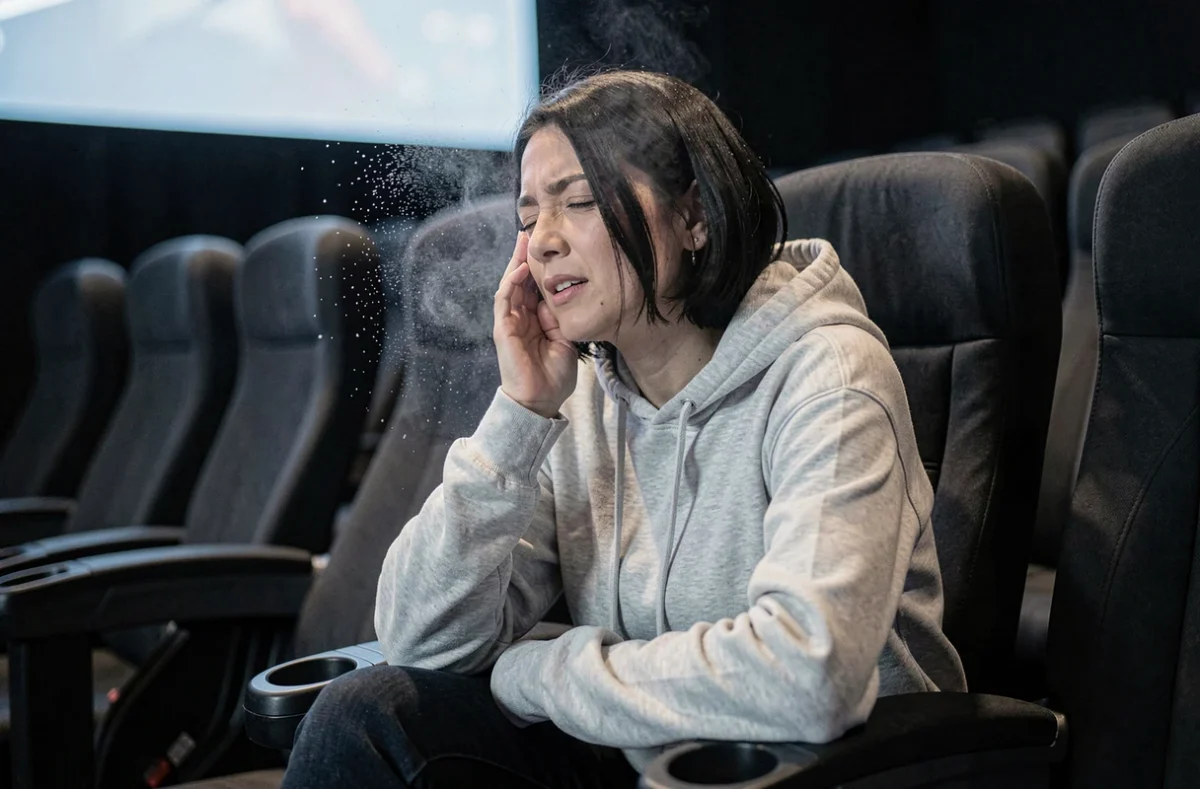 Femme surprise par l'effet de brume d'eau dans un siège 4DX lors d'une projection cinématographique immersive