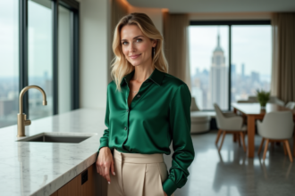 Femme élégante en blouse en soie vert émeraude et pantalon beige