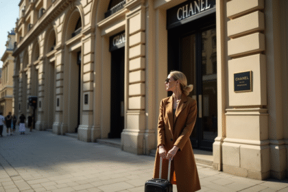 Femme élégante devant un bâtiment parisien Chanel